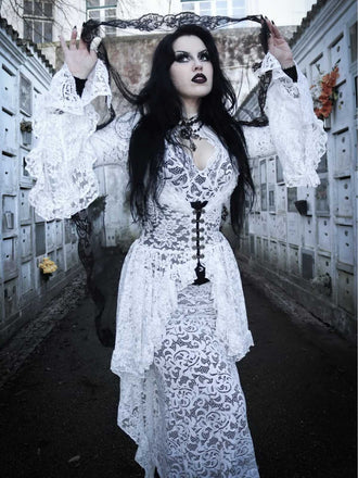 Weiß 1980er Gigot-Ärmel Viktorianisch Spitze Kleid