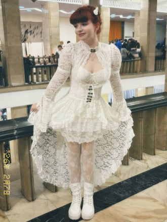 Weiß 1980er Gigot-Ärmel Viktorianisch Spitze Kleid