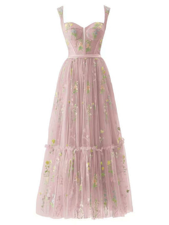 Rosa 1930er Blumen Netz Stäbchen Schnürung Kleid