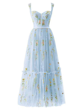 Hellblau 1930er Blumen Netz Stäbchen Schnürung Kleid