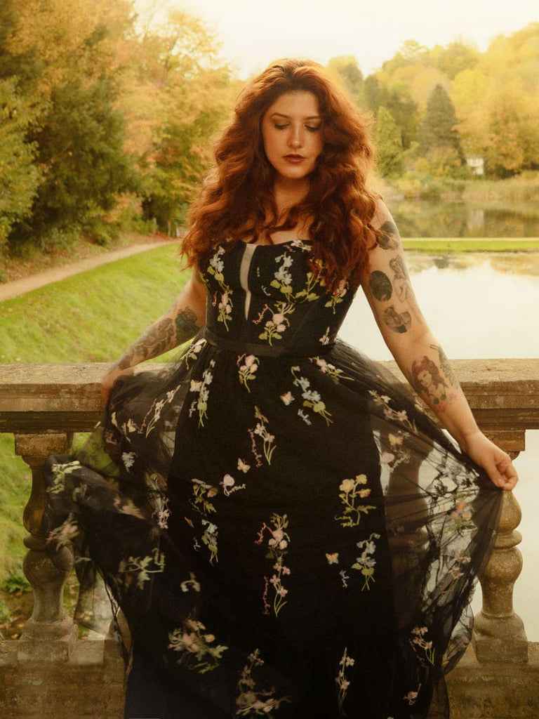 Schwarz 1930er Blumen Netz Stäbchen Schnürung Kleid