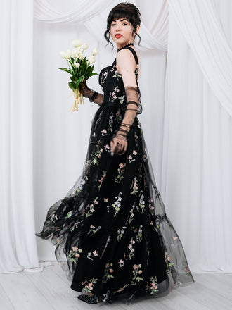 Schwarz 1930er Blumen Netz Stäbchen Schnürung Kleid