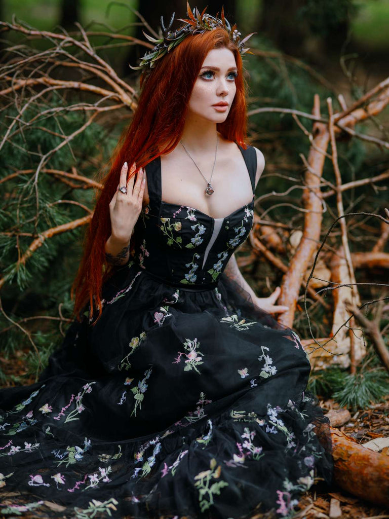 Schwarz 1930er Blumen Netz Stäbchen Schnürung Kleid