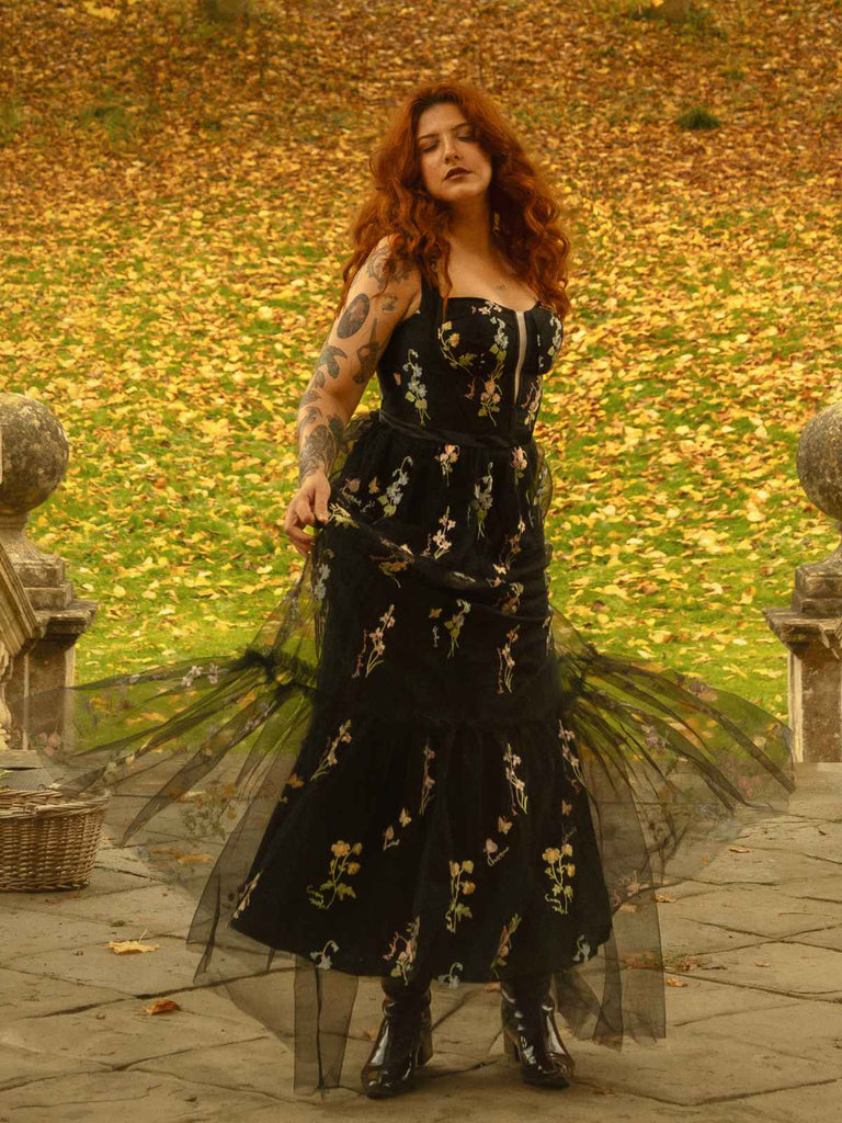 Schwarz 1930er Blumen Netz Stäbchen Schnürung Kleid