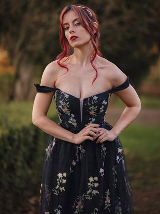 Schwarz 1930er Blumen Netz Stäbchen Schnürung Kleid