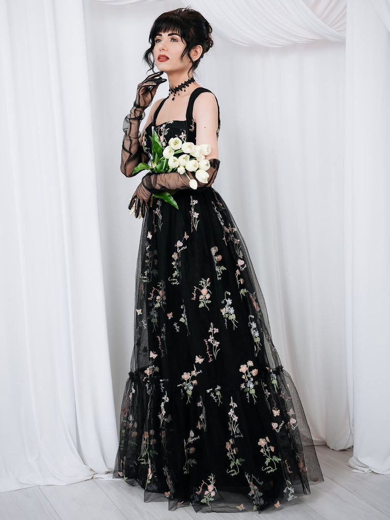 Schwarz 1930er Blumen Netz Stäbchen Schnürung Kleid
