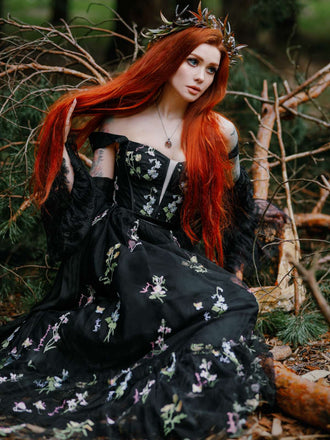 Schwarz 1930er Blumen Netz Stäbchen Schnürung Kleid