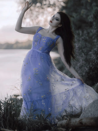 [Vorverkauf] Dunkelviolett 1930er Blumen Netz Stäbchen Schnürung Kleid