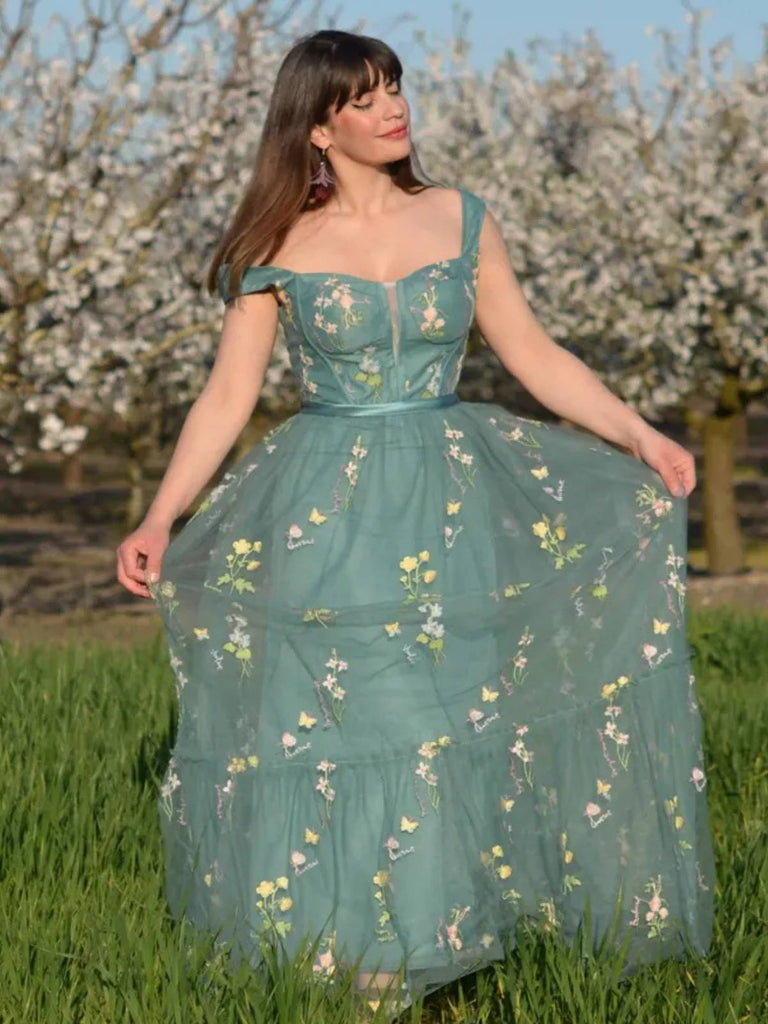 Grün 1930er Blumen Netz Stäbchen Schnürung Kleid