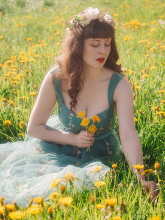 Grün 1930er Blumen Netz Stäbchen Schnürung Kleid