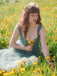 Grün 1930er Blumen Netz Stäbchen Schnürung Kleid