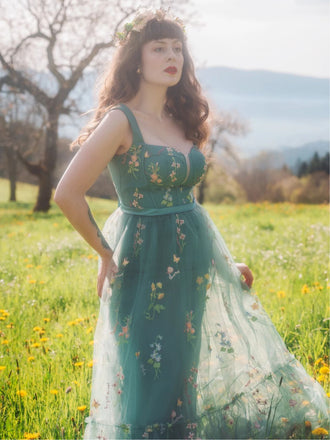Grün 1930er Blumen Netz Stäbchen Schnürung Kleid