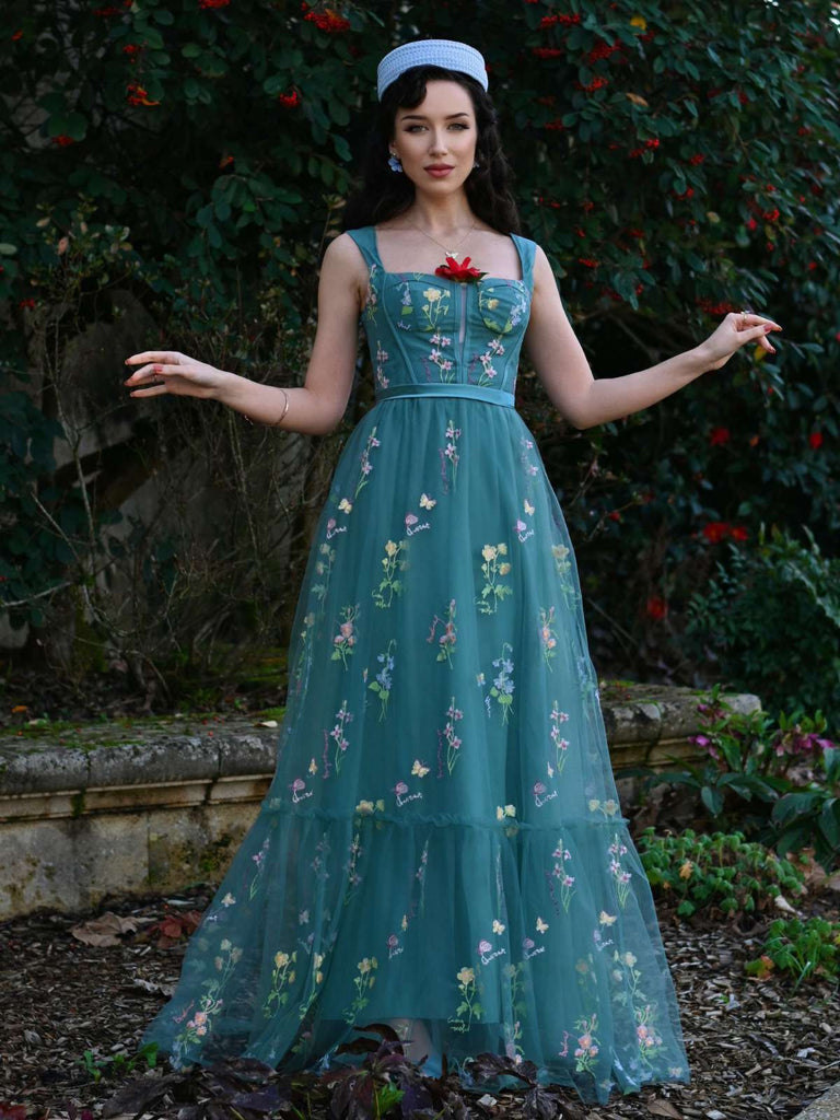 Grün 1930er Blumen Netz Stäbchen Schnürung Kleid