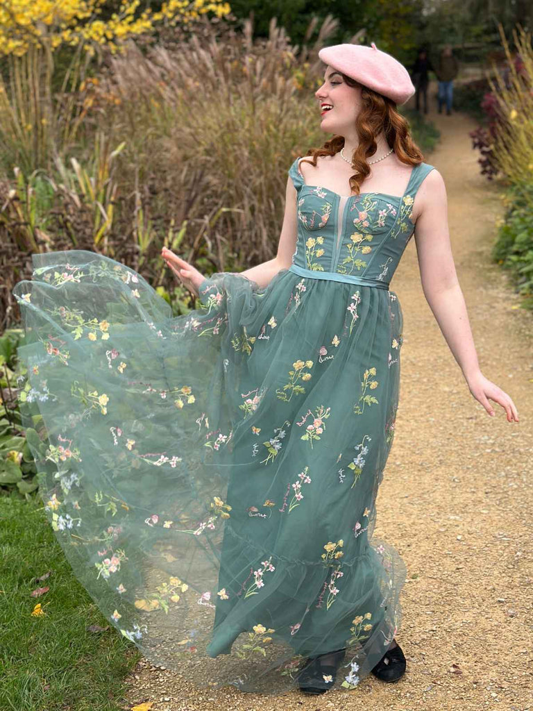 1930er Blumen Netz Stäbchen Schnürung Kleid