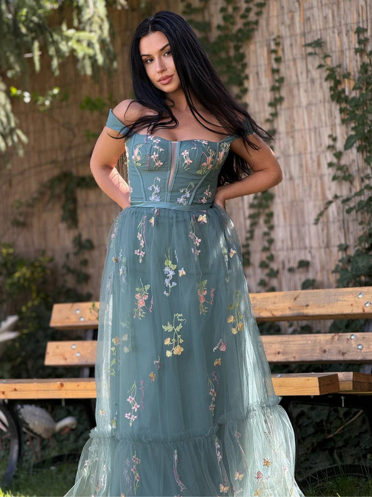 Grün 1930er Blumen Netz Stäbchen Schnürung Kleid