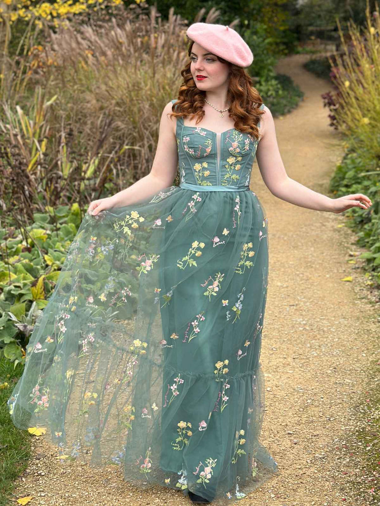 1930er Blumen Netz Stäbchen Schnürung Kleid