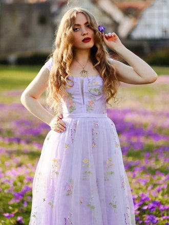 Lila 1930er Blumen Netz Stäbchen Schnürung Kleid