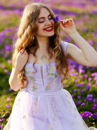 Lila 1930er Blumen Netz Stäbchen Schnürung Kleid