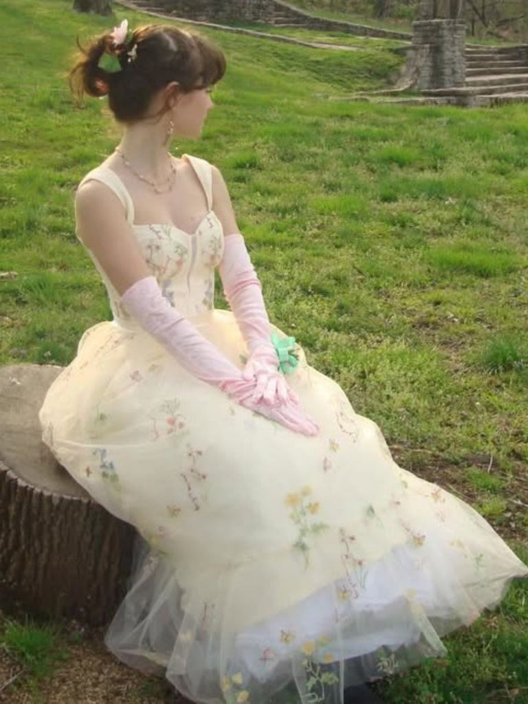 Gelb 1930er Blumen Netz Stäbchen Schnürung Kleid