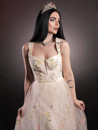 Gelb 1930er Blumen Netz Stäbchen Schnürung Kleid