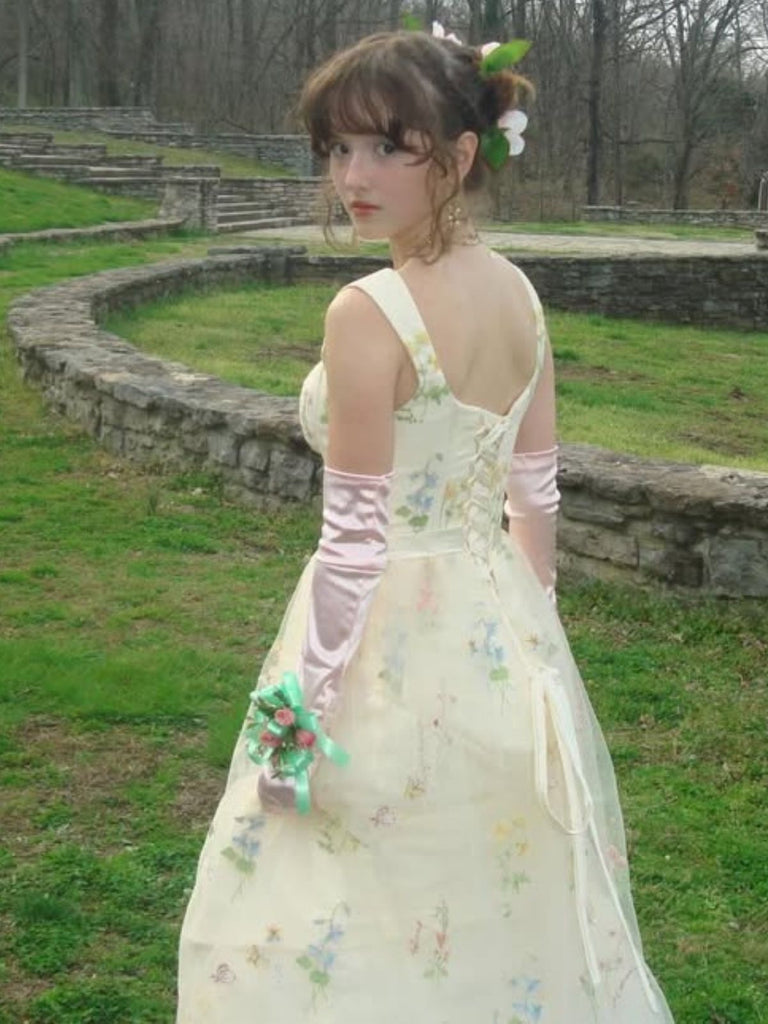 Gelb 1930er Blumen Netz Stäbchen Schnürung Kleid