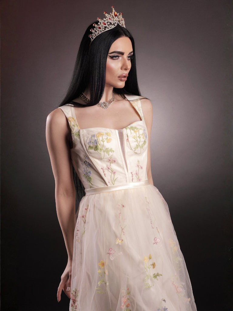 Gelb 1930er Blumen Netz Stäbchen Schnürung Kleid