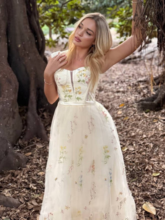 Gelb 1930er Blumen Netz Stäbchen Schnürung Kleid