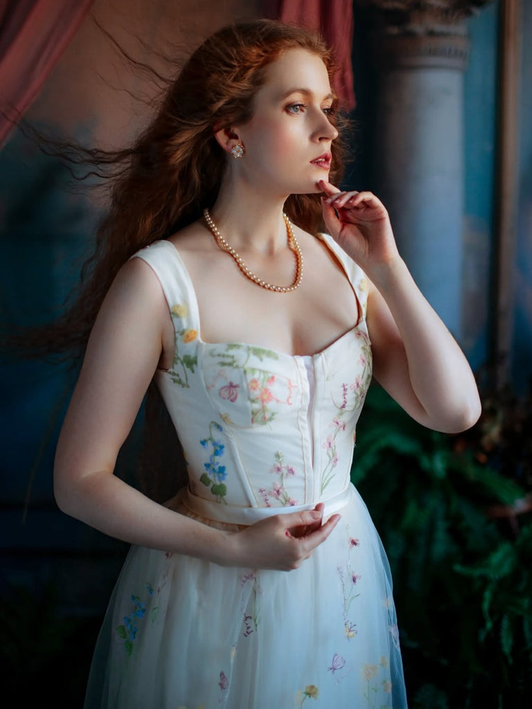 Gelb 1930er Blumen Netz Stäbchen Schnürung Kleid