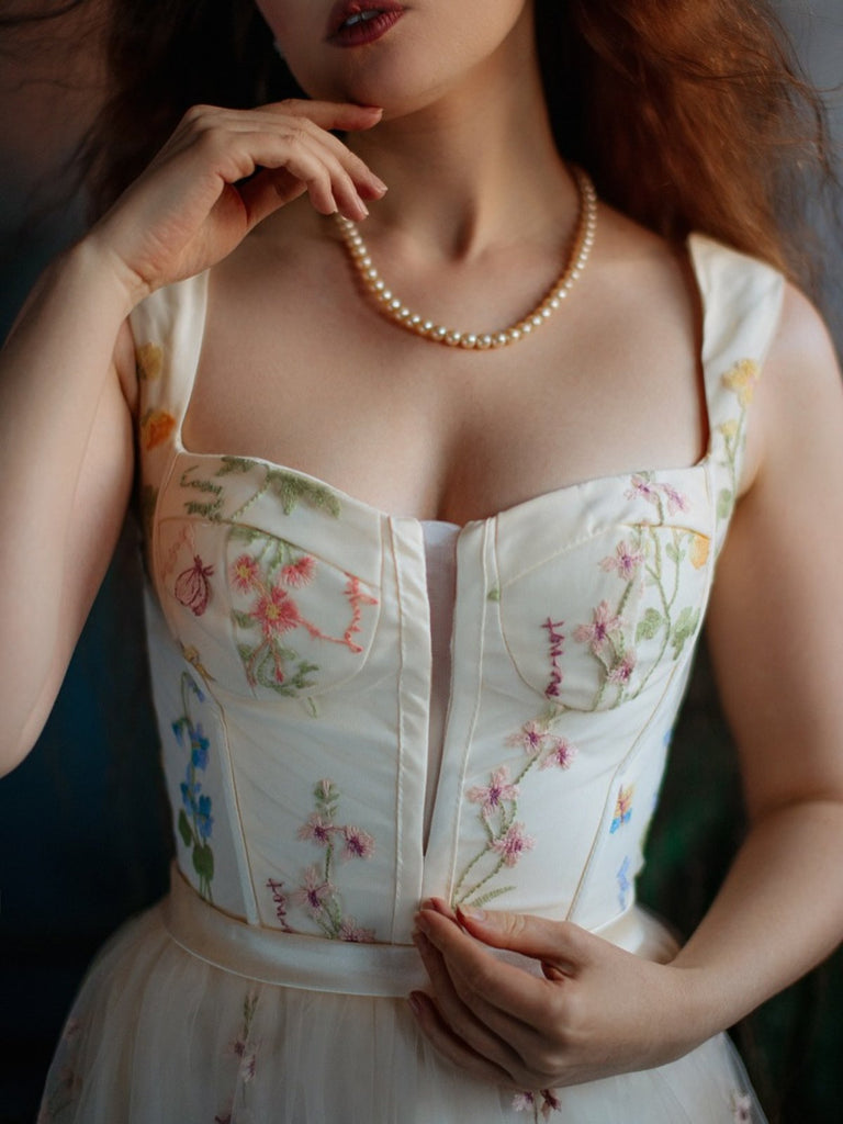 Gelb 1930er Blumen Netz Stäbchen Schnürung Kleid