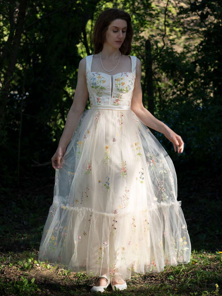 Gelb 1930er Blumen Netz Stäbchen Schnürung Kleid