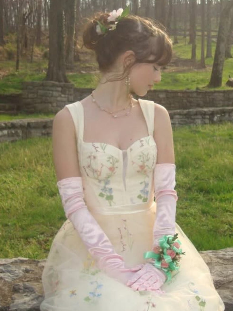 Gelb 1930er Blumen Netz Stäbchen Schnürung Kleid