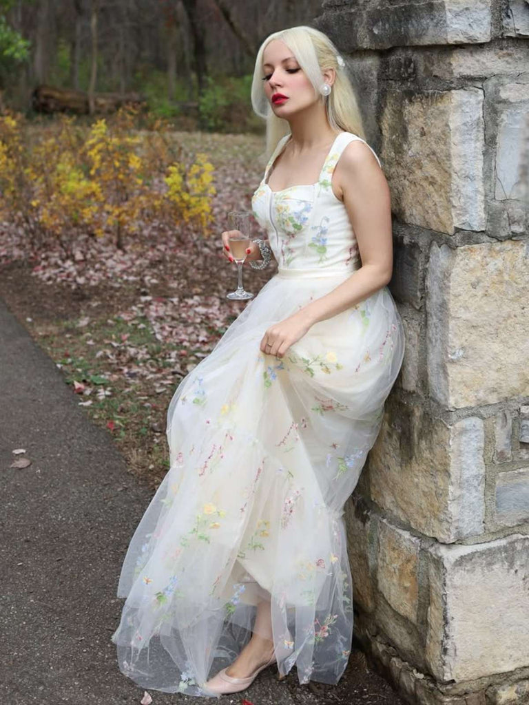 Gelb 1930er Blumen Netz Stäbchen Schnürung Kleid