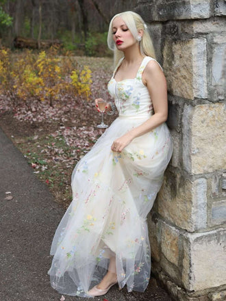 Gelb 1930er Blumen Netz Stäbchen Schnürung Kleid