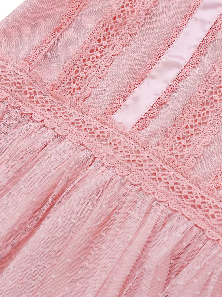 Rosa 1960er Spitze Trim Schleife Bogen Ärmellos Tüll Kleid