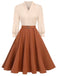 Khaki 1950er Farbblock Langarm Taste Kleid