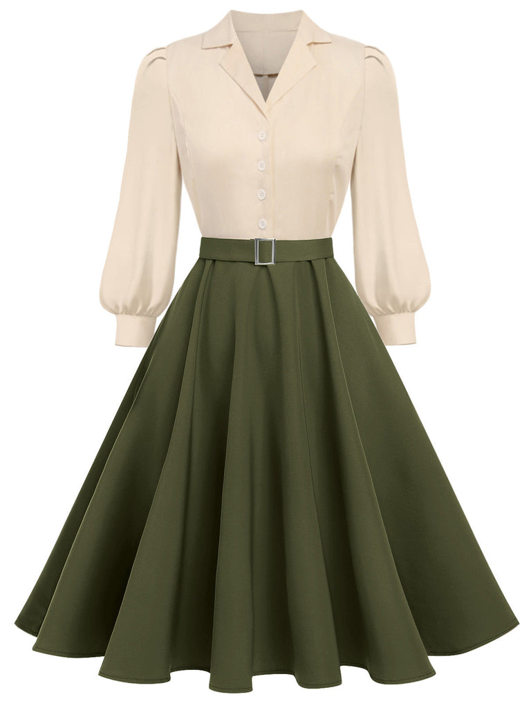 Khaki 1950er Farbblock Langarm Taste Kleid