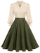 Khaki 1950er Farbblock Langarm Taste Kleid