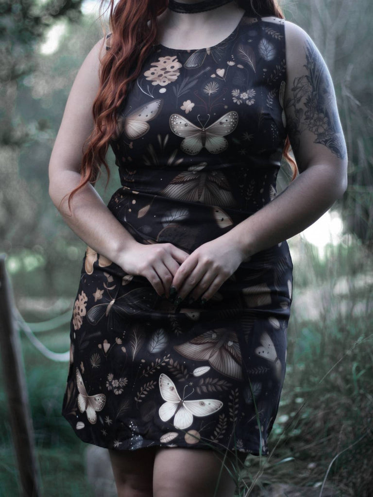 Schwarz 1960er Hexenmotte Schmetterling A-Linie Kleid