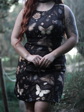 Schwarz 1960er Hexenmotte Schmetterling A-Linie Kleid