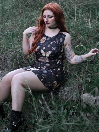 Schwarz 1960er Hexenmotte Schmetterling A-Linie Kleid