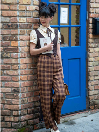 Braun 1930er Gefälschte 3PCS Bogen Plaid Jumpsuit