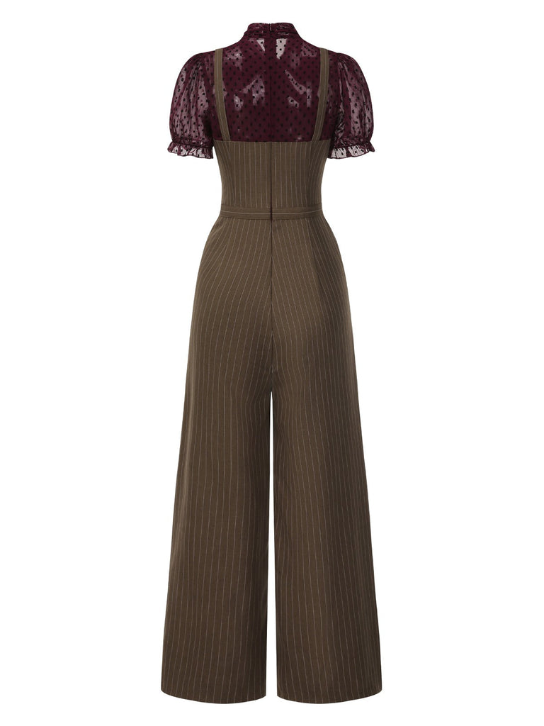 Rot 1930er Netz Patchwork Vertikal Streifen Jumpsuit