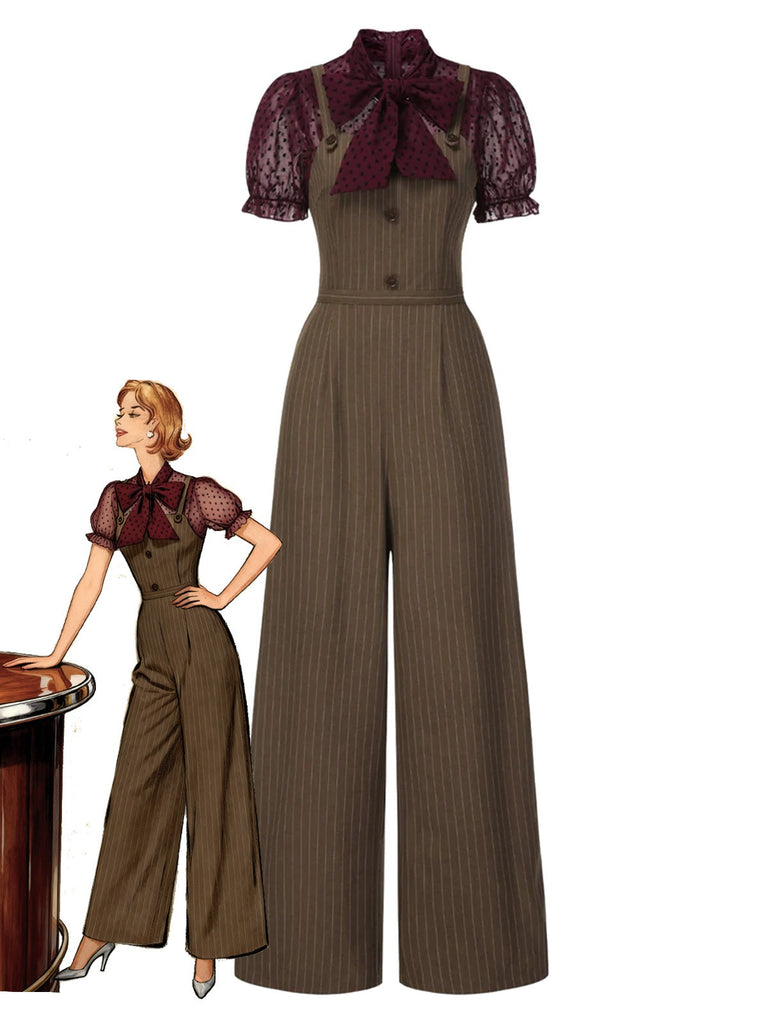 Rot 1930er Netz Patchwork Vertikal Streifen Jumpsuit