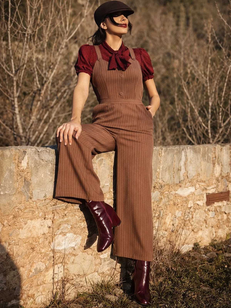 Rot 1930er Netz Patchwork Vertikal Streifen Jumpsuit