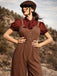 Rot 1930er Netz Patchwork Vertikal Streifen Jumpsuit