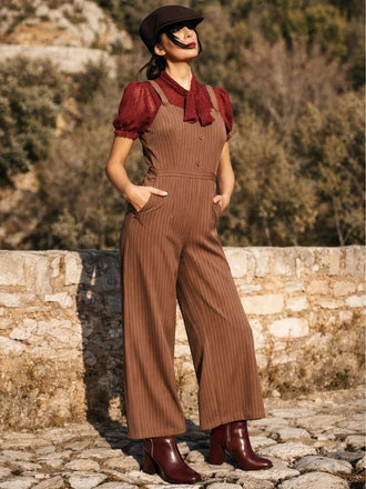 Rot 1930er Netz Patchwork Vertikal Streifen Jumpsuit