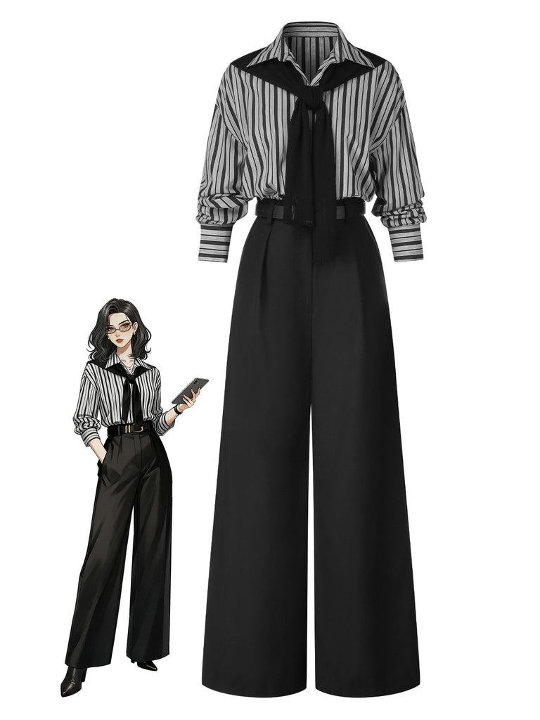 Schwarz 1940er Hemdkragen Streifen Jumpsuit Mit Kap
