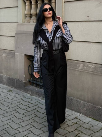 Schwarz 1940er Hemdkragen Streifen Jumpsuit Mit Kap