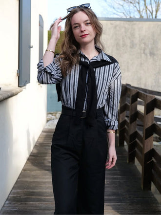 Schwarz 1940er Hemdkragen Streifen Jumpsuit Mit Kap