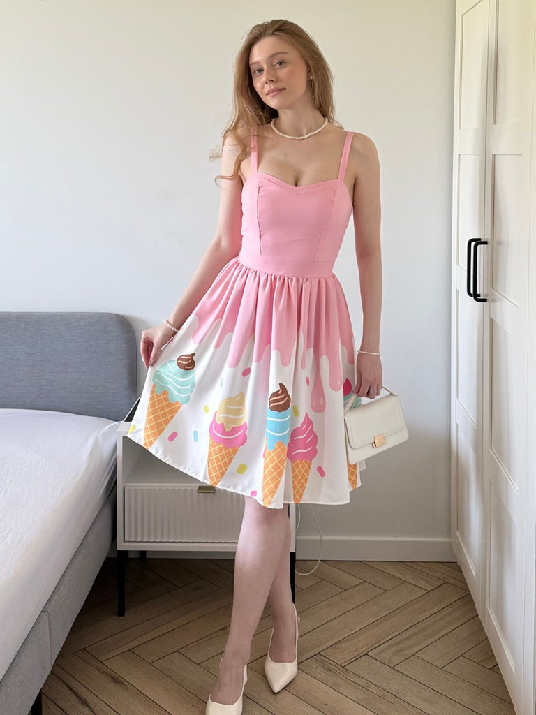 Blassrosa 1950er Eiscreme Herzförmiger Hals Kleid